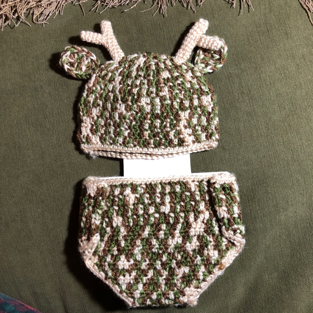 Hand Crocheted Infant 2 pieces Set Camo Deer Hat and Diaper Cover Set